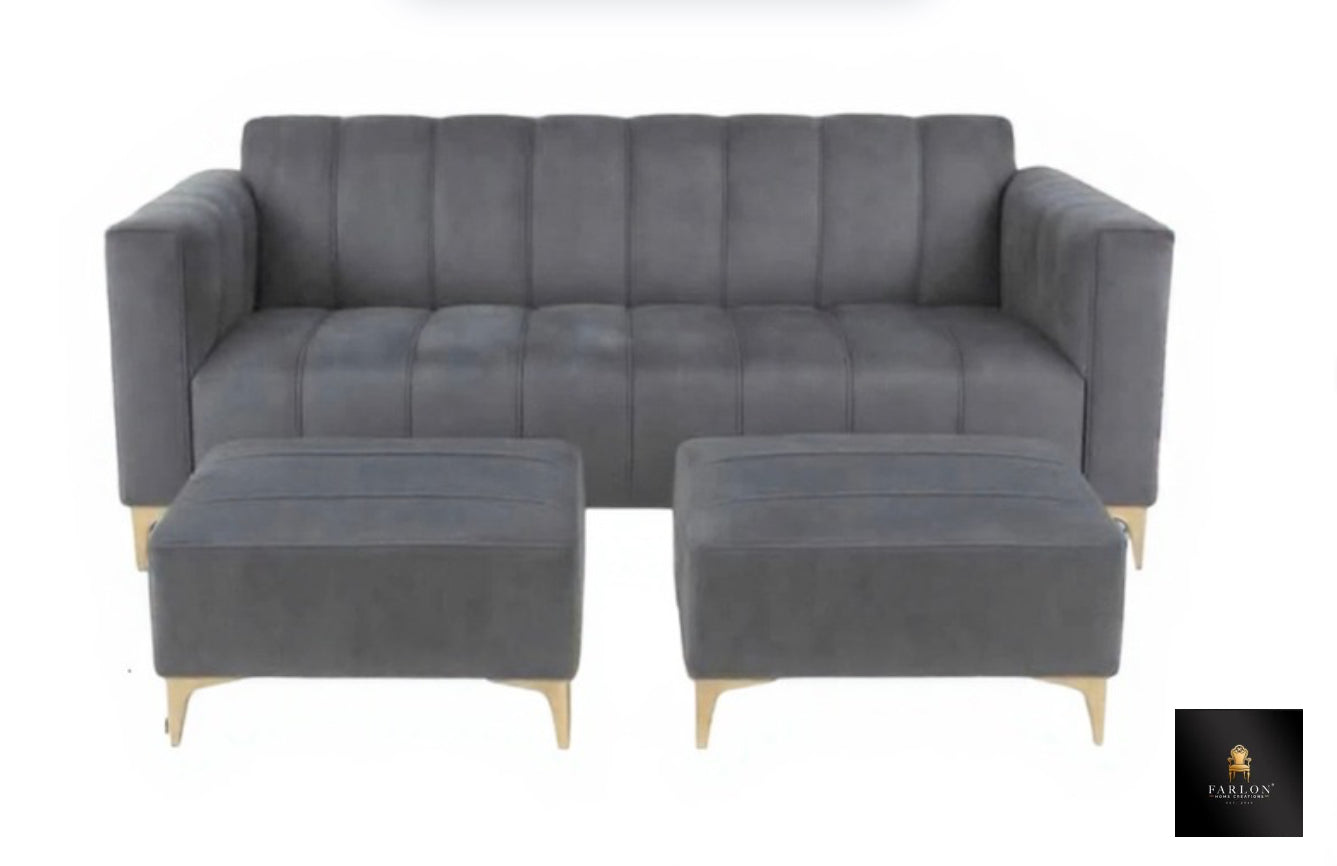 Grey Modern Panel Couch With Dual Ottoman