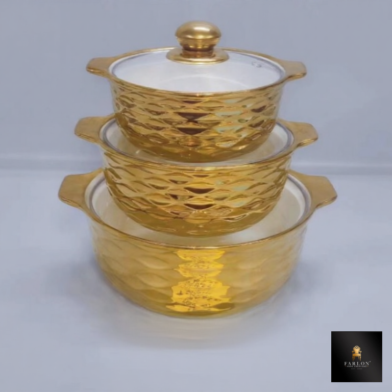 FHC 3 Piece Gold Glass Food Server and Warmer Pot Set