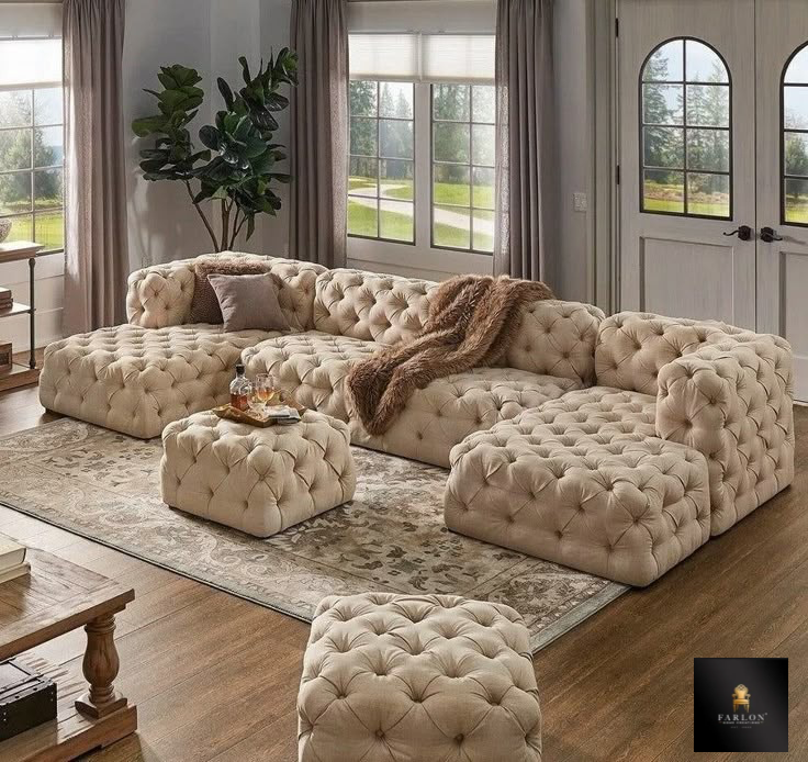 FHC 4 Seater Button Tufted U-shaped Beige Sectional Sofa