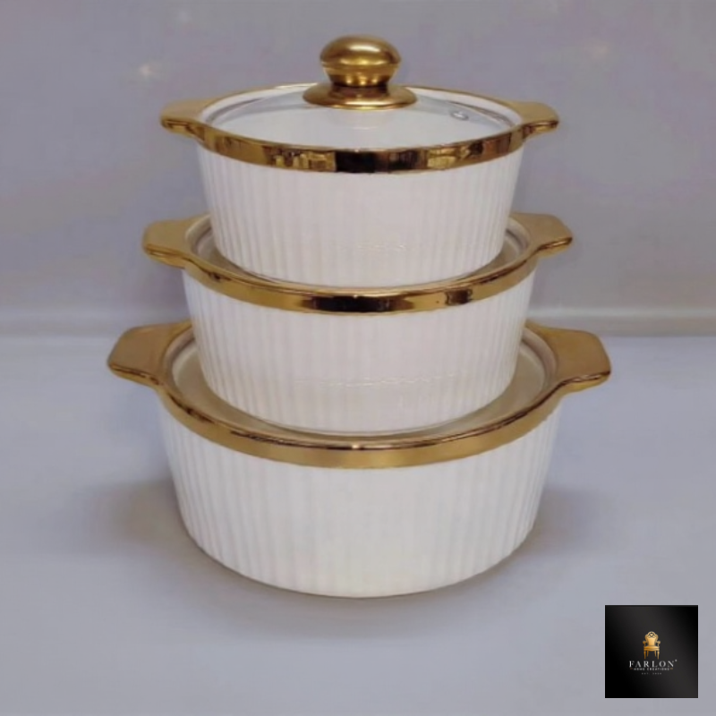 FHC 3 Piece Gold Glass Food Server and Warmer Pot Set
