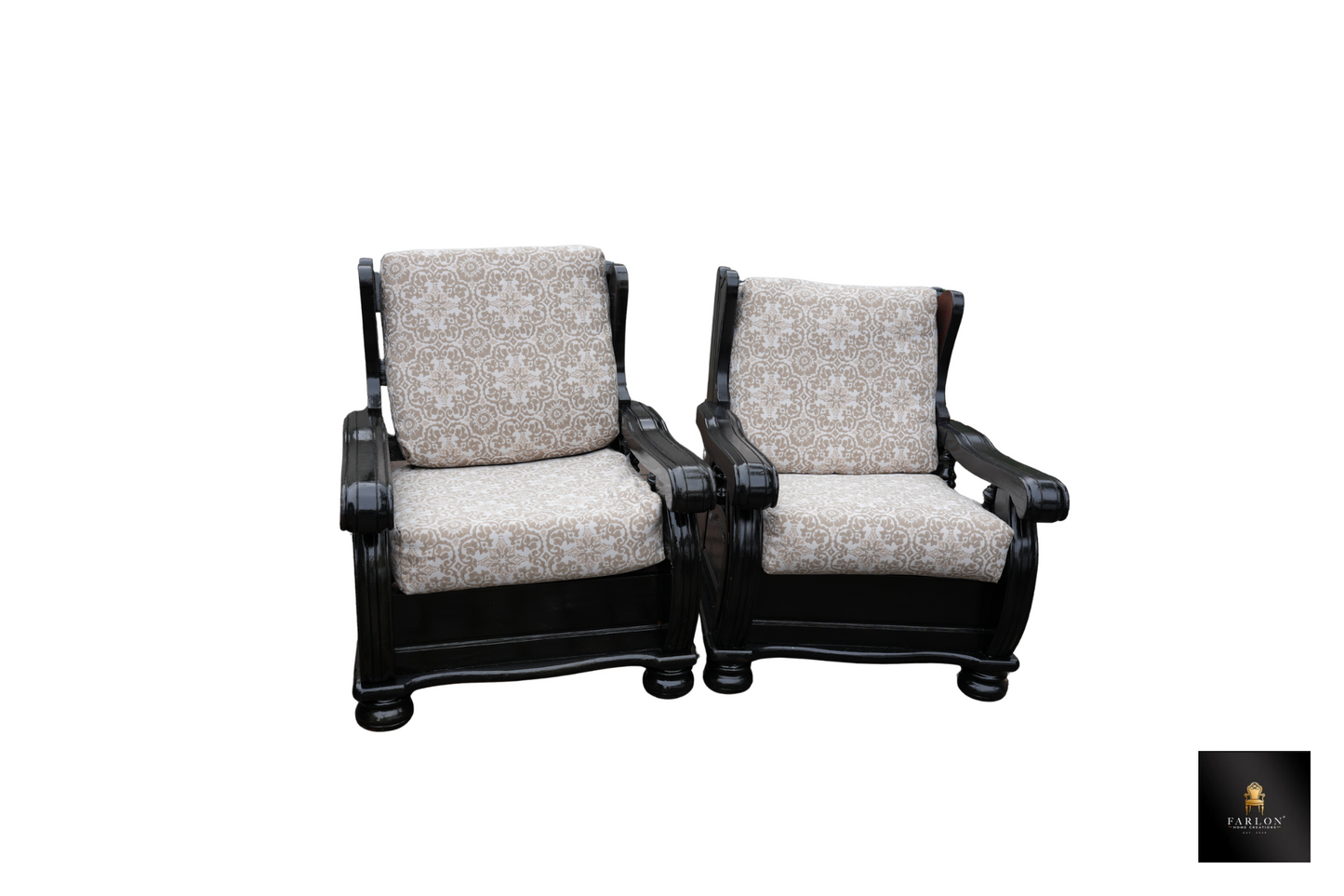 FHC Black Wood & Patterned Fabric Lounge Sofa Set