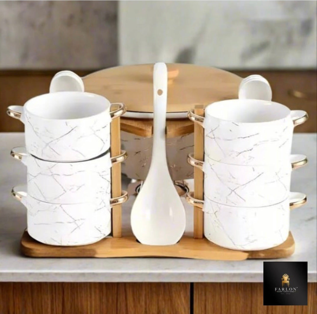 FHC Ceramic Soup Set with Wooden Stand