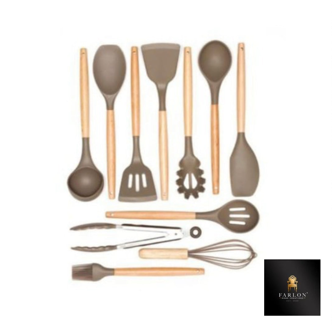FHC 12 Piece Silicone Kitchen Utensil set with wooden Handle