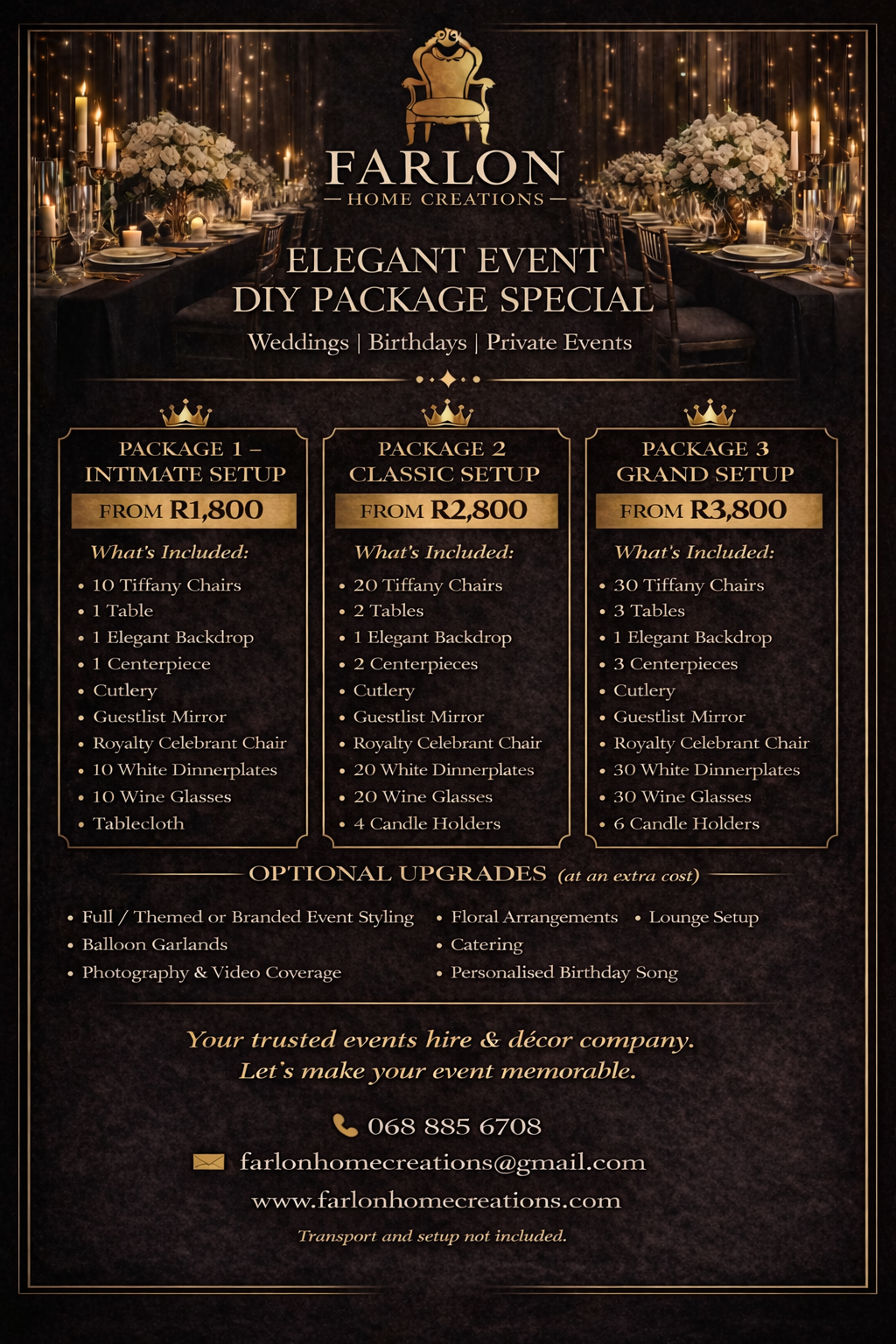 LUXURY DECOR DIY PACKAGE - WEDDINGS/BIRTHDAYS/PRIVATE EVENTS HIRE