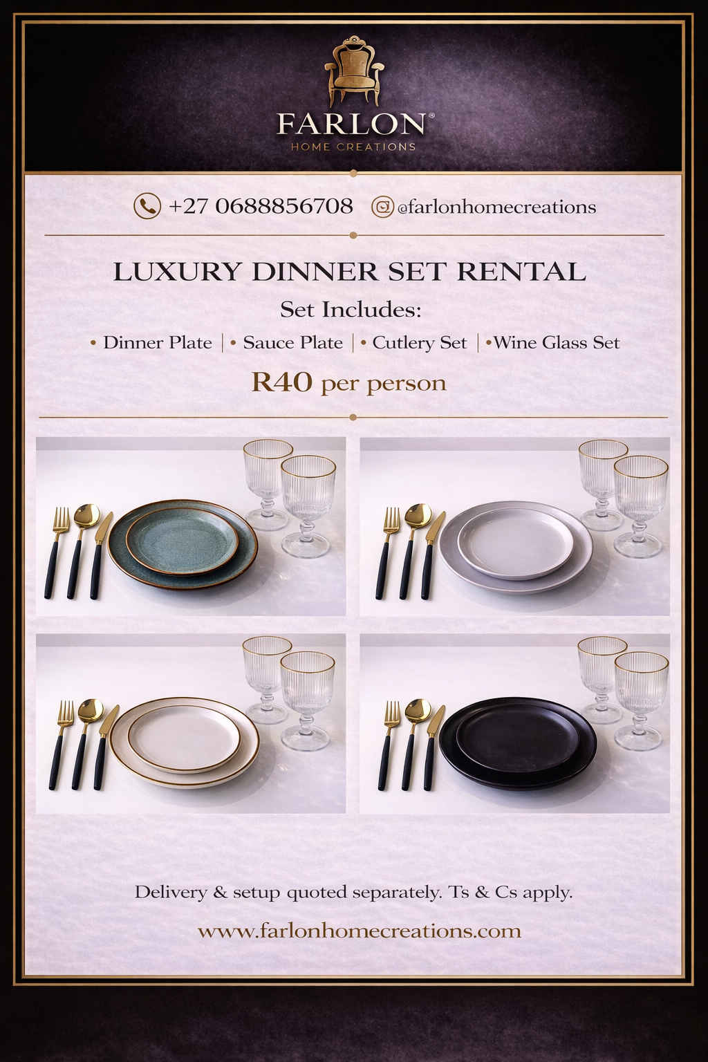 FHC LUXURY DINNERWARE SETS FOR HIRE