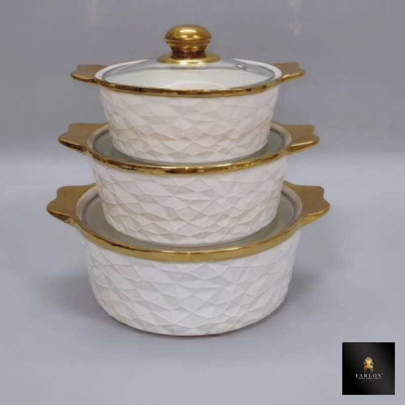 FHC  3 Piece Gold Glass Food Server and Warmer Pot Set