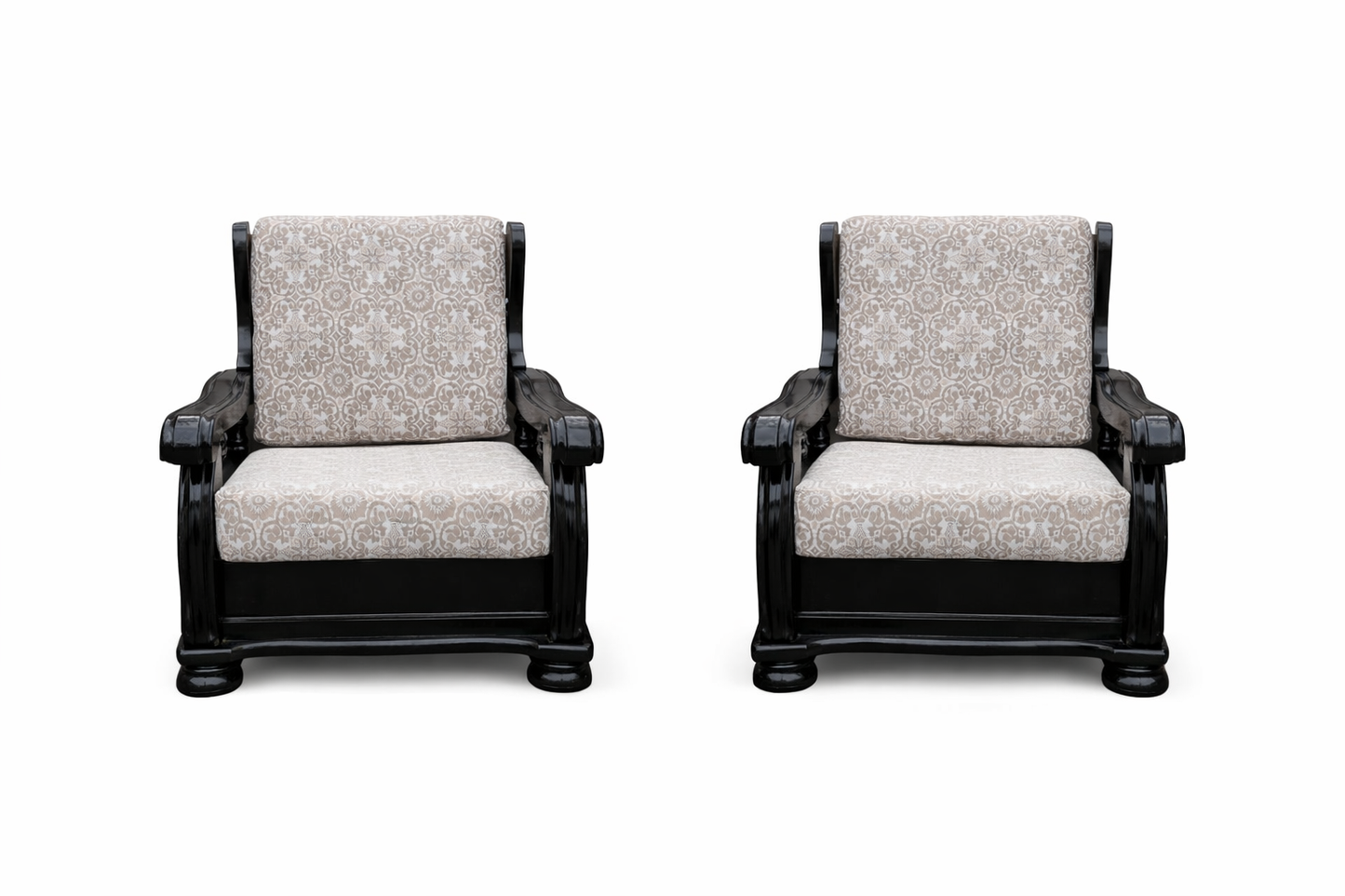 FHC Black Wood & Patterned Fabric Lounge Sofa Set for Hire