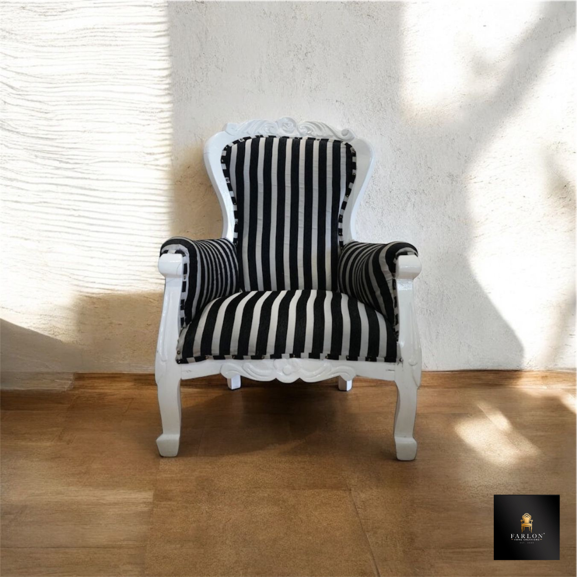 FHC Antique Black & White Striped Armchair ￼