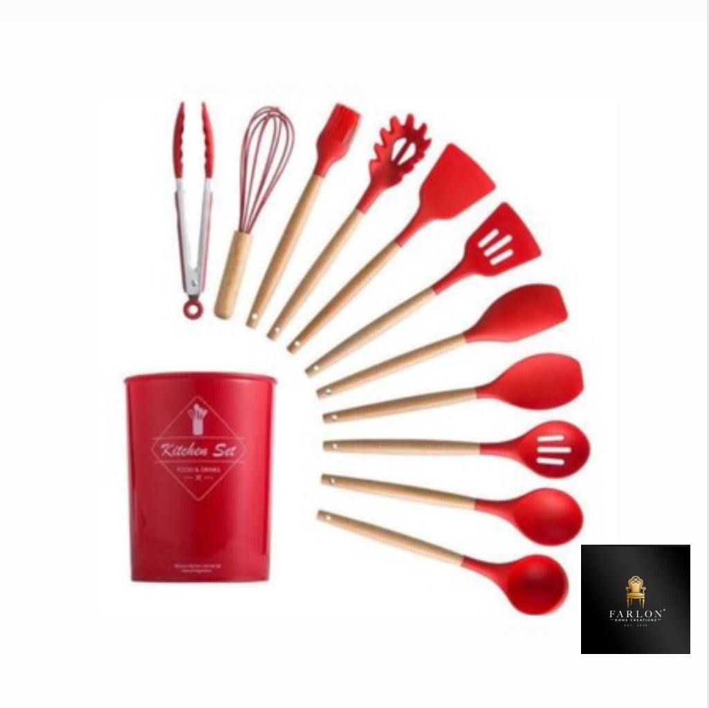 FHC 12 Piece Silicone Kitchen Utensil set with wooden Handle