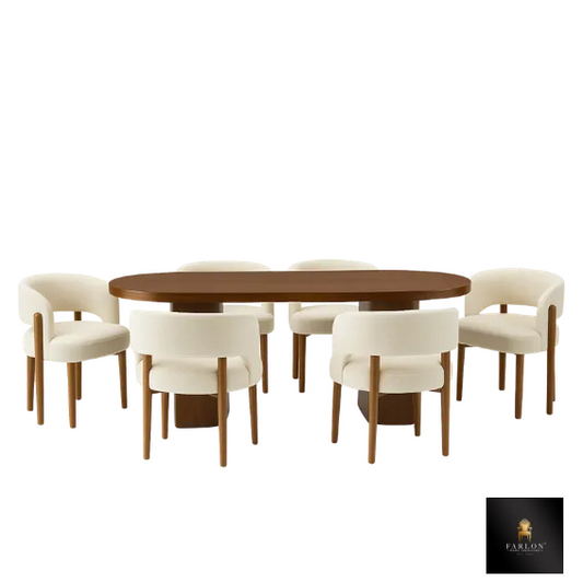 FHC Oval Walnut Dining Table Set with Boulce Cream Chairs