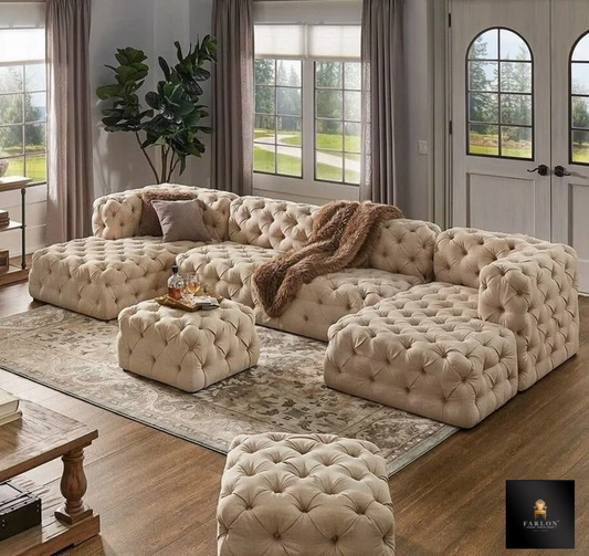 FHC 4 Seater Button Tufted U-shaped Beige Sectional Sofa