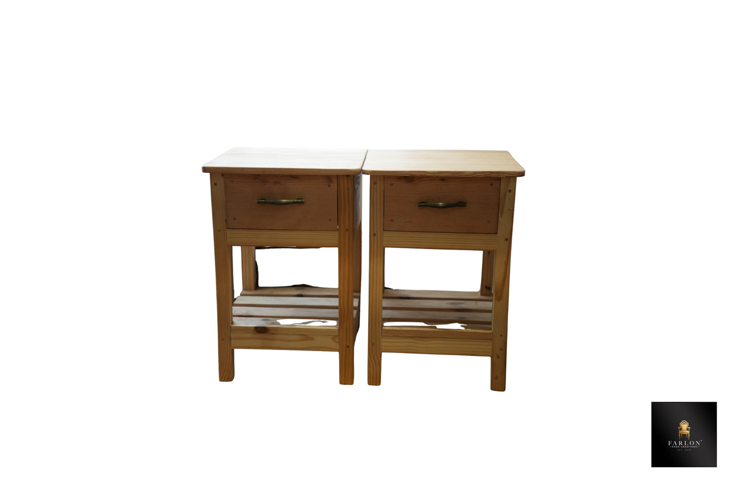 FHC Rustic Pine Wood Bedside Table Set (2-Piece)