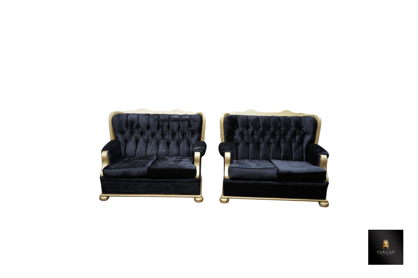 FHC Black Suede & Gold Trim Tufted Sofa Set