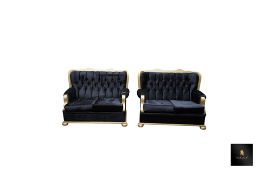 FHC Black Suede & Gold Trim Tufted Sofa Set