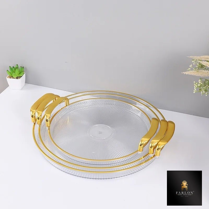 FHC Elegant Round Clear & Gold Plastic Serving Tray Set