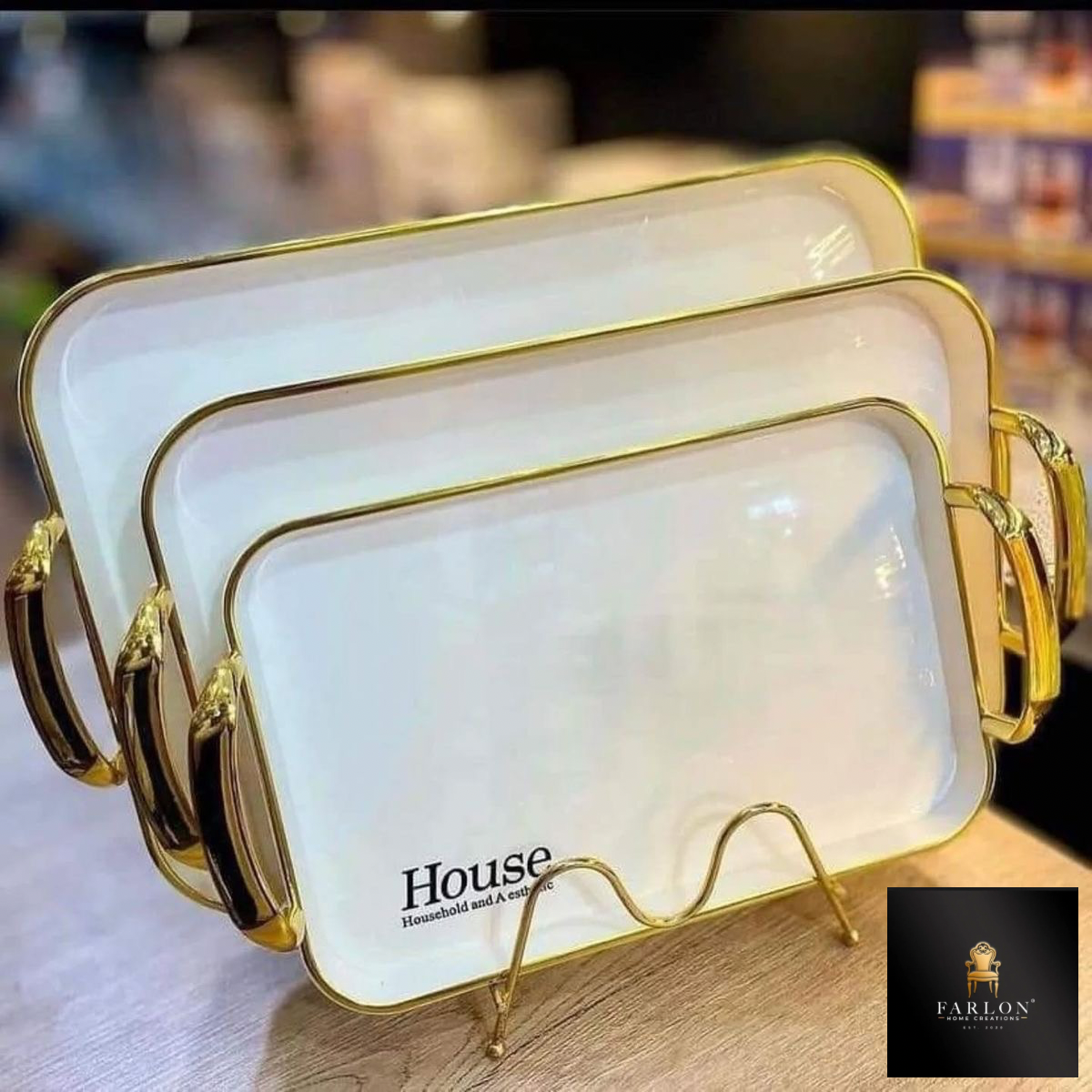 FHC Gold-Handled Rectangular Serving Tray Set