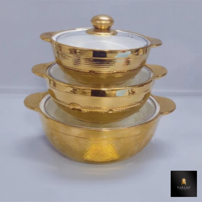 FHC  3 Piece Gold Glass Food Server and Warmer Pot Set