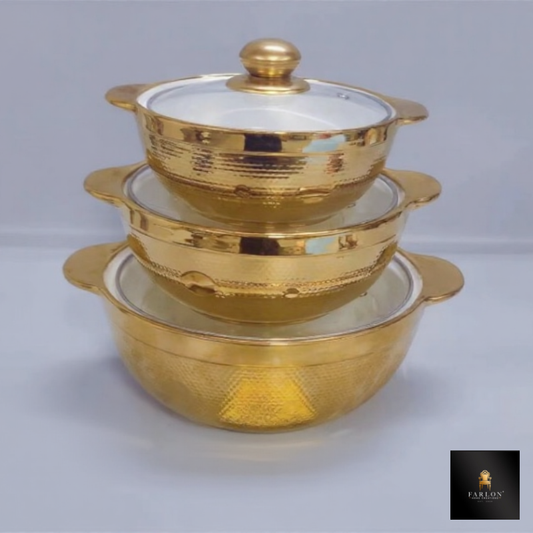 FHC  3 Piece Gold Glass Food Server and Warmer Pot Set