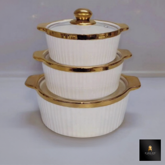 FHC  3 Piece Gold Glass Food Server and Warmer Pot Set