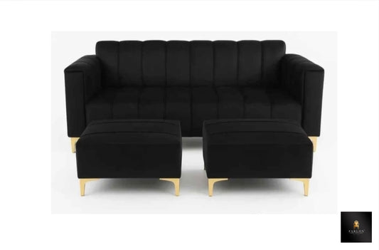  FHC Black Modern Panel Couch With Dual Ottoman Set