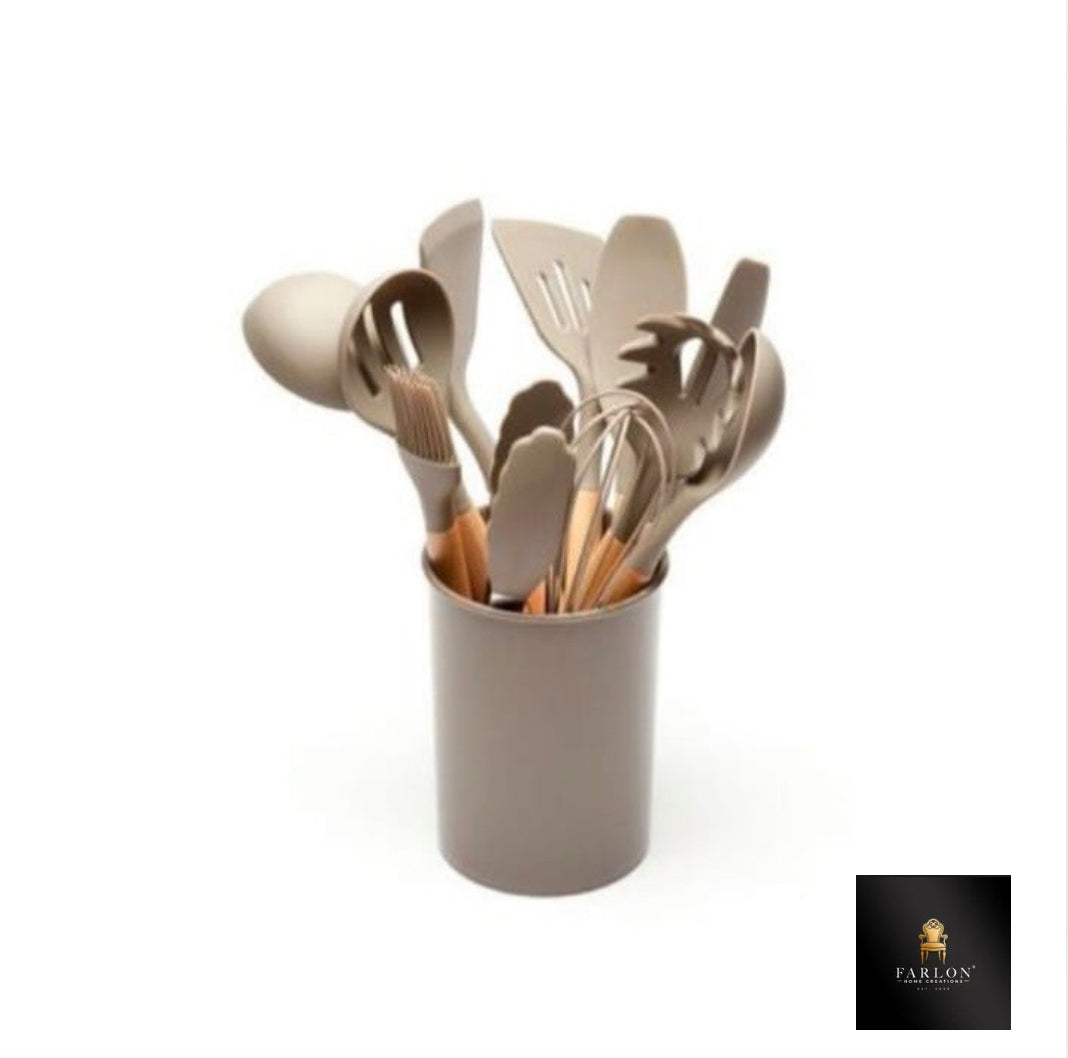 FHC 12 Piece Silicone Kitchen Utensil set with wooden Handle