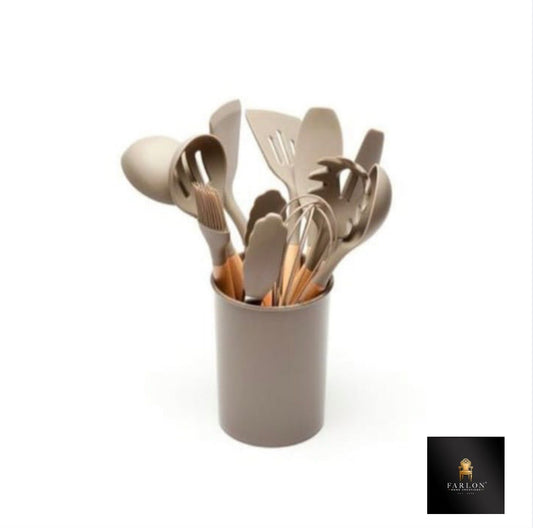 FHC 12 Piece Silicone Kitchen Utensil set with wooden Handle
