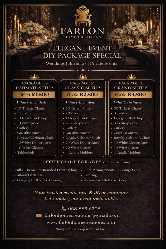 LUXURY DECOR DIY PACKAGE - WEDDINGS/BIRTHDAYS/PRIVATE EVENTS HIRE