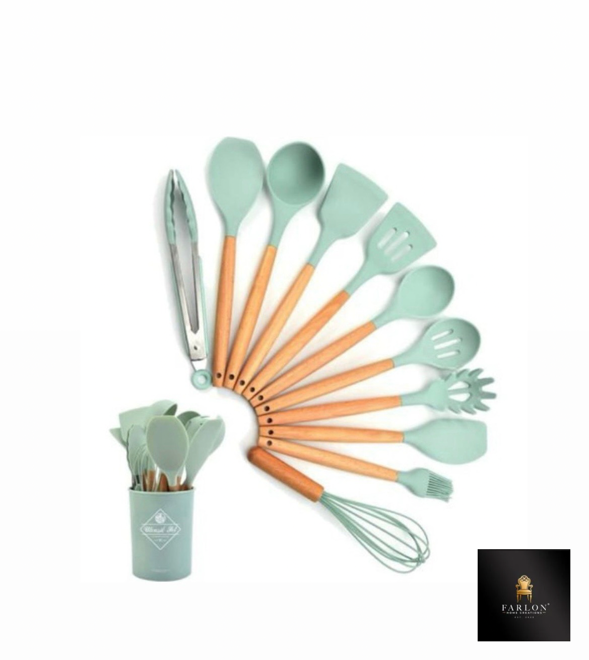 FHC 12 Piece Silicone Kitchen Utensil set with wooden Handle