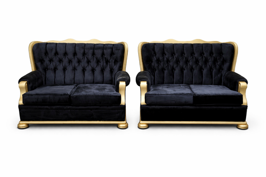FHC Black Suede & Gold Trim Tufted Sofa Set for Hire