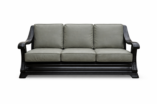 FHC Classic Wood-Frame Sofa with Olive Plush Cushions for Hire